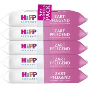 HiPP Babysanft Feuchttücher Zart Pflegend, 240 Stück (5 x 48 Tücher), mit Bio-Mandelextrakt, besonders hautverträglich, für die sanfte Reinigung zarter Haut