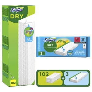 Swiffer Bodenwischer Mit 102 Trockenen Bodentüchern Nimmt Schmutz Auf Und Schließt Ihn Ein (+3 Feuchte Bodentücher als Probepackung)