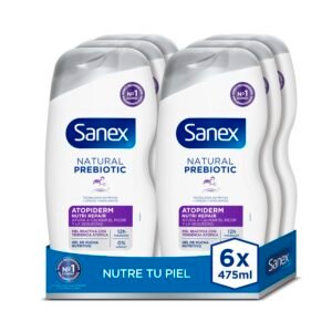 Sanex Natural Prebiotic Atopiderm Duschgel, 6 Stück x 475 ml, Duschgel für reaktive Haut mit atopischer Tendenz, hilft bei Juckreiz und Trockenheit, 12H Feuchtigkeit