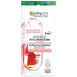 Garnier Tuchmaske, Gesichtsmaske für erste Anzeichen der Hautalterung, Glättend, Getränkt in Ampullen-Serum, Vegane Formel mit Hyaluronsäure und Wassermelonen-Extrakt, 15 g