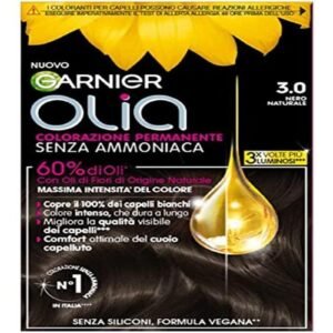 Garnier Olia Midnight Haarfarbe, permanente Färbung ohne Ammoniak, zarter Duft, deckt 100% weißes Haar ab, mit natürlichen Blütenölen natürlichen Ursprungs, vegane Formel, natürliches Schwarz