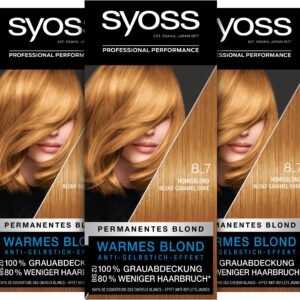 Syoss Color Coloration 8_7 Honigblond Stufe 3 (3 x 115 ml), permanente Haarfarbe für bis zu 10 Wochen Farbintensität und 70% weniger Haarbruch*