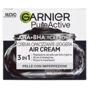Garnier 3-in-1 Mattierende Creme, für fettige und unvollkommene Haut, feuchtigkeitsspendend und Talgkontrolle, angereichert mit AHA, BHA und Kohle, Pure Active Air Cream, 50 ml