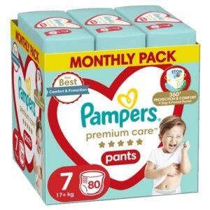 Pampers Premium Care Windel Größe 7, 80 Windeln, 17kg+, mit vollständiger 360° Passform und ultra-weichen Materialien für höchsten Komfort und besten Schutz