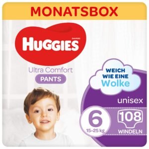 Huggies Ultra Comfort Pants Größe 6, 15 bis 25 kg, Für aktive Kinder, Mit Nässeindikator und Wolken-Taillenbündchen-Technologie, 108 Windeln, Monatsbox, Monatspack, Großpackung