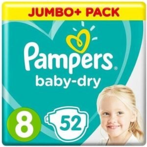 Pampers Baby-Dry Größe 8, 52 Windeln, 17+kg, Jumbo+ Pack, Luftkanäle für atmungsaktive Trockenheit über Nacht