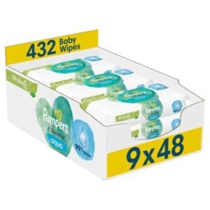 Pampers Harmonie Aqua Feuchttücher 9 Packungen mit jeweils 48 Feuchttüchern, 432 Feuchttücher, die helfen, den natürlichen pH-Wert der Haut wiederherzustellen, leichte Lotion mit 99 Prozent Wasser
