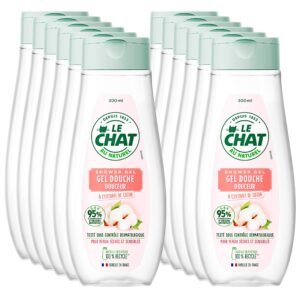 Le Chat Duschgel für den Körper, weich, mit Baumwollextrakt, 95% Inhaltsstoffe natürlicher Ursprungs, für trockene und empfindliche Haut, getestet unter dermatologischer Kontrolle, 300 ml, 12 Stück