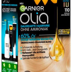 Garnier Olia 110 Kühles Aschblond Dauerhafte Haarfarbe ohne Ammoniak mit pflegenden, natürlichen Ölen, Vollständige Grauhaarabdeckung, Permanente Coloration, 1 Stück
