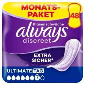 Always Discreet Inkontinenz-Einlagen Ultimate Tag Monatspaket bei Blasenschwäche, 48 Einlagen (4 Packungen x 12 Stück)