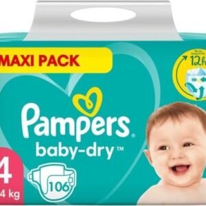 Pampers Baby Windeln Große 4 (9-14kg) Baby-Dry, Maxi, 106 Stück, MAXI PACK, bis zu 12 Stunden Rundum-Auslaufschutz