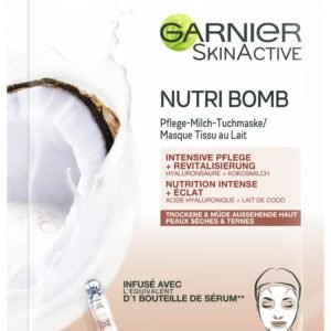 Garnier Tuchmaske, Gesichtsmaske für trockene und müde Haut, Intensive Pflege und Revitalisierung, Vegane Formel mit Kokosmilch und Hyaluronsäure, Nutri Bomb, 28 g