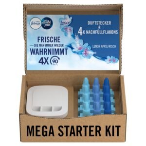 Febreze Programmierbarer Lufterfrischer 3Volution Duftstecker Starter-Kit + 4x Nachfüllflakons Aprilfrisch, 3 Wechselnde Düfte Zum Bekämpfen Von Gerüchen
