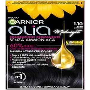 Garnier Olia Midnight Haarfarbe, permanente Färbung ohne Ammoniak, zarter Duft, deckt 100% weißes Haar ab, mit natürlichen Blütenölen natürlichen Ursprungs, vegane Formel, Saphirschwarz