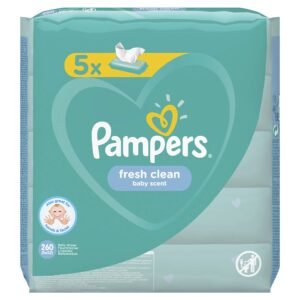 Pampers Fresh Clean Feuchttücher 5 Packungen mit 52 Stück = 260 Feuchttücher, milder Duft, auch für Hände und Gesicht geeignet