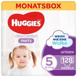 Huggies Ultra Comfort Pants Große 5, 12 bis 17 kg, Für aktive Kinder, Mit Nässeindikator und Wolken-Taillenbündchen-Technologie, 128 Windeln, Monatsbox, Monatspack, Großpackung