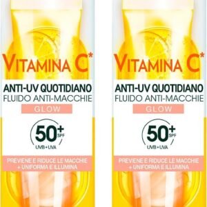 Garnier SkinActive Gesichtsfluid Anti-UV Täglich, Vitamin C, Anti-Flecken-Glow, LSF 50+, einheitlicher Glanz, feuchtigkeitsspendend, schützt die Haut gegen UVA- und UVB-Strahlen, 2 Flaschen à 40 ml