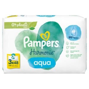 Pampers Baby Feuchttücher Harmonie, Aqua, 144 Tücher (3 x 48), sanfter Hautschutz für zarte Haut mit 99% Wasser
