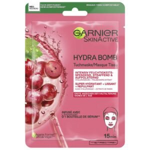 Garnier Tuchmaske, Gesichtsmaske für erste Anzeichen der Hautalterung, Straffend, aufpolsternd und feuchtigkeitsspendend, Mit Hyaluronsäure und Traubenkern-Extrakt, Hydra Bomb, 28 g